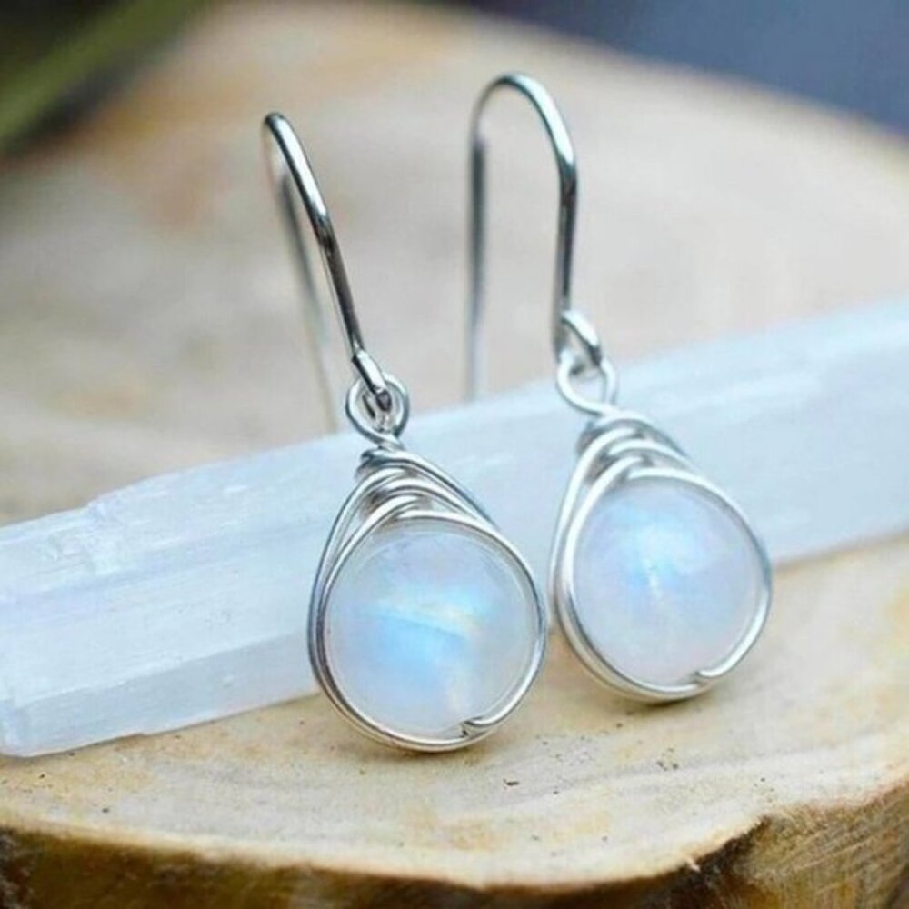 Round Milky White Moonstone Hook Earrings,‎ Elegant and Great for Everyday